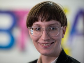 Raphaele Frigon, program director for SaskQTY, speaks to media at the opening of SPACE, a place on Albert Street for queer and trans youth to come together.