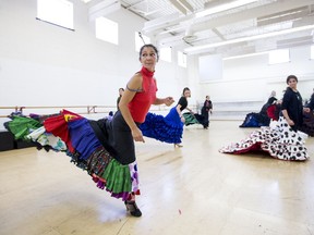 SASKATOON,SK--MAY 4/2019-*0506 arts Dance - Yolanda Heredia (in red), an instructor from Spain, teaches a class as part of the Flamenco Borealis Festival in Saskatoon this weekend in Saskatoon, SK on Friday, May 4 2019.