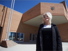 Cora Laich, wife of slain La Ronge restaurateur Simon Grant, stands for a photo outside of the provincial courthouse in Saskatoon on May 8, 2019. A sentencing hearing will determine if the 17-year-old who killed Grant will be sentenced as a youth or an adult.