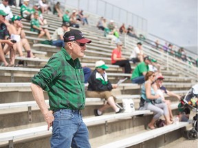 65-year-old Jerry Hoehn has been a Roughriders fan since the age of five, but made it to watch his first team training camp at Griffiths Stadium in Saskatoon on May 23, 2019.