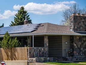 Bob Bellamy's home in Moose Jaw with a roof covered in solar panels. He says he pays basically nothing for power since installing them in May 2017. Courtesy Bob Bellamy.