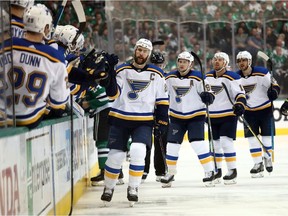 St. Louis Blues captain Alex Pietrangelo celebrates a goal against the Dallas Stars during Round 2 of the NHL playoffs.