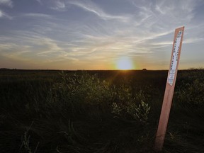 One of the markers indicating the Saskatchewan-U.S. border.