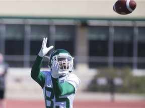 Kyran Moore, shown at this year's training camp, is the last member of the Saskatchewan Roughriders to have caught a touchdown pass. That was 27 quarters (or 405 minutes) ago.