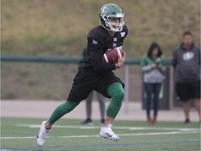 SASKATOON,SK--May 25 0525-NEWS- Saskatchewan Roughriders- Roughrider QB Zach Collaros  runs the ball during the Green and White Day as Riders stage a workout at SMF Field and meet the fans in Saskatoon, Sk on Saturday, May 25, 2019.