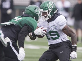 Veteran receiver Cory Watson, right, has had an impressive training camp for the Saskatchewan Roughriders.