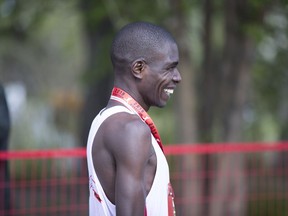 David Mutai who finished first in the mens full marathon celebrates during the Saskatchewan Marathon between Diefenbaker Park and Prairieland Park in Saskatoon, Sk on Sunday, May 26, 2019.