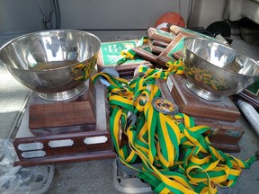Trophies, medals and plaques belonging to the University of Regina Cougar men's and women's wrestling teams were found in a dumpster on the U of R campus Friday. Image courtesy former U of R wrestler.