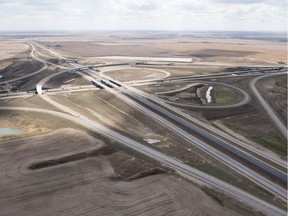 An aerial view of the Regina Bypass as it intersects with the Trans-Canada Highway on the west side of Regina.