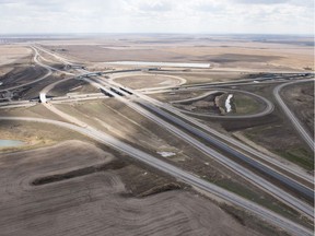 An aerial view of the Regina bypass as it intersects with the Trans-Canada Highway on the west side of Regina.