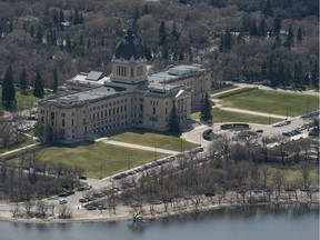 An aerial photo shows the Saskatchewan Legislative Building near Wascana Lake on May 9, 2019.