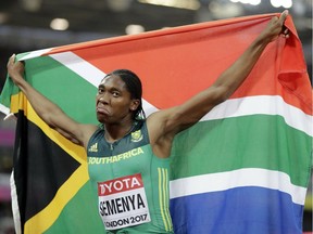 FILE - In this Sunday, Aug. 13, 2017 file photo South Africa's Caster Semenya celebrates winning the gold in the final of the Women's 800m during the World Athletics Championships in London. Caster Semenya lost her appeal Wednesday May 1, 2019 against rules designed to decrease naturally high testosterone levels in some female runners.