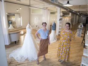 Morgan Mayer, left, and Brittany Holowaty are sisters who own and run  Sweet Pea & Noelle, a Regina bridal shop that gets a mention in the June issue of Vogue U.K.