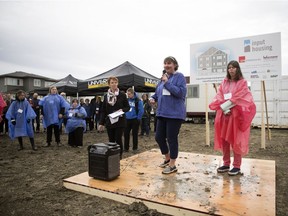 Bree Warsaba, a future resident, speaks at a sod-turning event that was held for a new, innovative condo building in Harbour Landing, providing co-housing for young adults with intellectual disabilities in Regina.