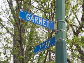 Street signs indicate the corner of Garnet Street and 7th Avenue, an area in which police discovered an injured man laying on the sidewalk. The man died and his death is now being investigated as a homicide. BRANDON HARDER/ Regina Leader-Post
