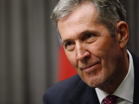 Manitoba Premier Brian Pallister speaks to media after the reading of the throne speech at the Manitoba Legislature in Winnipeg, Tuesday, Nov. 20, 2018.