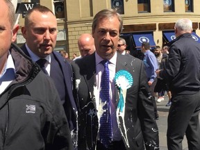 Britain's Nigel Farage after being hit with a milkshake during a campaign walkabout in Newcastle, England, Monday May 20, 2019.