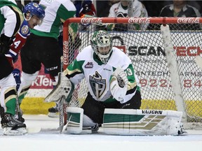 Prince Albert Raiders goalie Ian Scott makes one of his 15 saves Saturday in a 4-0 victory over the Vancouver Giants.