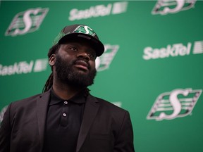 Linebacker Solomon Elimimian meets with members of the press at Mosaic Stadium after signing with the Saskatchewan Roughriders.