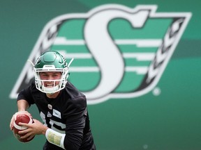 Saskatchewan Roughriders quarterback Isaac Harker participates in the team's rookie camp Thursday at Mosaic Stadium.