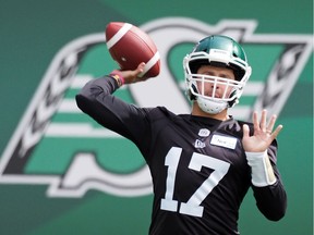 Saskatchewan Roughriders quarterback Zach Collaros, shown during rookie camp at Mosaic Stadium, completed just one of 10 passes during Saturday's controlled scrimmage at training camp in Saskatoon.