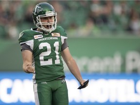 REGINA, SASK :  June 8, 2018  --   Saskatchewan Roughriders kicker Tyler Crapigna celebrates a first half field goal in a CFL pre-season matchup against the Calgary Stampeders in Regina. TROY FLEECE / Regina Leader-Post