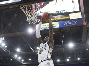 Saskatchewan Rattlers forward Tavrion Dawson prepares to dunk during Canadian Elite Basketball League action at SaskTel Centre in Saskatoon on Thursday, May 9, 2019.