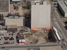 An aerial photo shows the Capital Pointe hole at the intersection of Albert Street and Victoria Avenue.