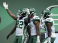 Saskatchewan Roughriders wide receiver Naaman Roosevelt (82) celebrates a touchdown during CFL preseason action against the Winnipeg Blue Bombers at Mosaic Stadium Regina.