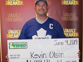 Kevin Olsen of Saskatoon won a $1,149,131.61 jackpot on Vault Breaker at the Coachman Beverage Room in Saskatoon on June 9, 2019. (Photo courtesy Western Canada Lottery Corporation)