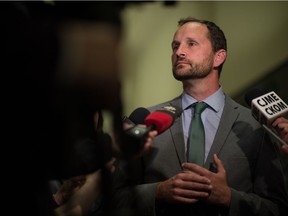 Ryan Meili, leader of the Saskatchewan New Democratic Party, speaks to reporters at the Saskatchewan Legislative Building in a file photo.