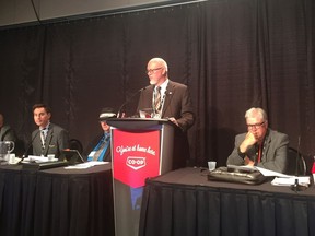 Saskatoon Co-op CEO Grant Wicks addresses the co-op's annual meeting in Saskatoon, SK on June 20, 2019. (Alex MacPherson/ Saskatoon StarPhoenix)