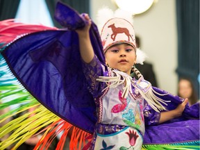 Chanel Goodwin of Sakimay First Nation dances for visitors to Government House during events during National Indigenous Peoples Day in 2019.