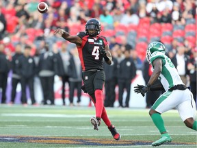 Dominique Davis throws a pass in the first half as the Ottawa Redblacks take on the Saskatchewan Roughriders in CFL action at TD Place in Ottawa. Photo by Wayne Cuddington / Postmedia ORG XMIT: POS1906202025331076