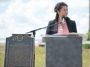 Sarah Longman, president of the Regina Indian Industrial School (RIIS) Commemorative Association, speaks at the land transfer ceremony of the RIIS cemetery on Pinkie Road to the association.