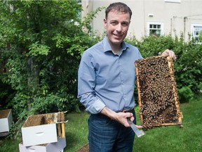 Regina Northeast MLA Yens Pedersen displays a honeycomb from a backyard hive at a home on Robinson Street.