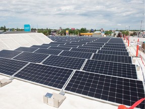 Solar panels on the roof of the Conexus Credit Union North Albert branch.