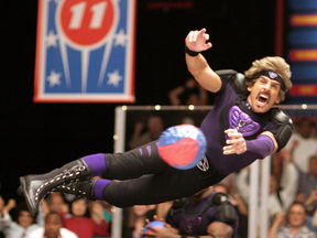 Ben Stiller takes flight during the ultimate dodgeball competition in the movie DodgeBall: A True Underdog Story. The film parodies a common childhood experience.