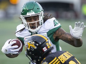 The Saskatchewan Roughriders' Naaman Roosevelt avoids a tackle during Thursday's game against the Hamilton Tiger-Cats.