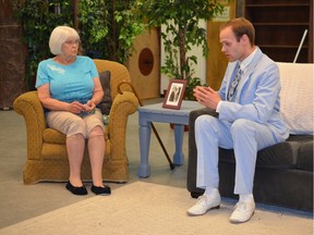 Jean Taylor (left) as Marjorie and Justin Mozel as Walter rehearse a scene for the Regina Little Theatre's production of Marjorie Prime, which runs June 12-15, 2019.