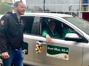 Saskatchewan NDP Leader Ryan Meili (left) and Saskatchewan Premier Scott Moe attended the 2019 Saskatoon Pride Festival on June 22, 2019. Moe became the first Saskatchewan Party premier to take part in the parade since the party took office in 2007.