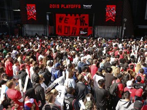 Fans pack Jurassic Park in Toronto to cheer on the Toronto Raptors. Brantford Coun. Rick Weaver wants Harmony Square to host viewing parties during the NBA Finals. Jack Boland/Postmedia Network ORG XMIT: POS1905051851009176