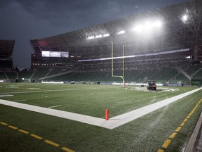 REGINA, SASK :  July 1, 2019  --   A rain delay at Mosaic Stadium in a game between the Saskatchewan Roughriders and Toronto Argonauts in Regina. TROY FLEECE / Regina Leader-Post