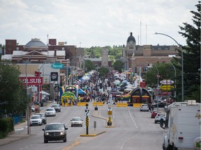 Downtown Moose Jaw as a street fair is underway.