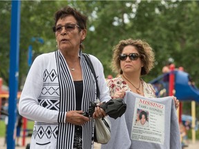 Joyce Keepness, left, great aunt and kookum to missing person Tamra Keepness, speaks at the Regina Treaty/Status Indian Services (RT/SIS) Barbeque for Tamra Keepness at Pepsi Park. Tamra Keepness has been missing for 15 years.