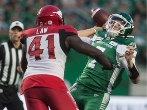 Saskatchewan Roughriders quarterback Cody Fajardo was under constant pressure on Saturday against the Calgary Stampeders.