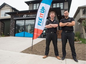 Dwayne Melcher, left, the vice president of operations for FIX IT UP, and Brad Fekula, the company president, stand together in a home on Primrose Green Drive. The company's app seeks to streamline the process of shopping around for cost estimates and rates from a variety of businesses.