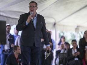 Saskatchewan Premier Scott Moe speaks during a community event and gift giving ceremony behind the band administration office in Big River on July 9, 2019 (Liam Richards / Saskatoon StarPhoenix)