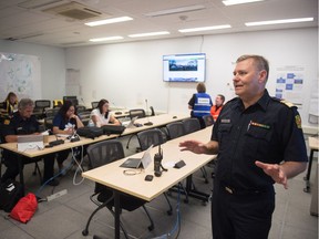 Duane McKay, vice president of Saskatchewan's Public Safety Agency, speaks to media regarding Ontario wildfire evacuees being moved to Saskatchewan in the agency's Provincial Emergency Operations Centre on Victoria Avenue.