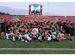 Team Saskatchewan celebrates its gold medal Saturday at the Football Canada Cup in Kingston, Ont.